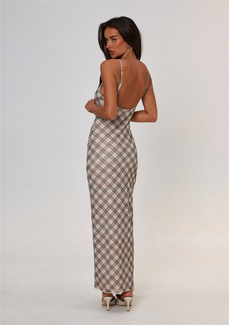 Jane Spaghetti Strap Grid Long Dress