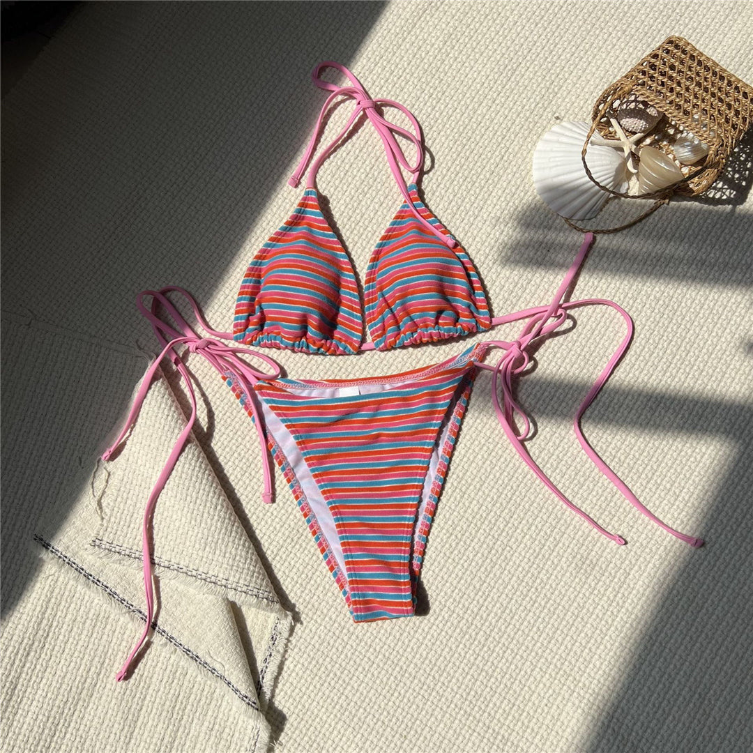 Tammy Striped Halter High Leg Cut Bikini