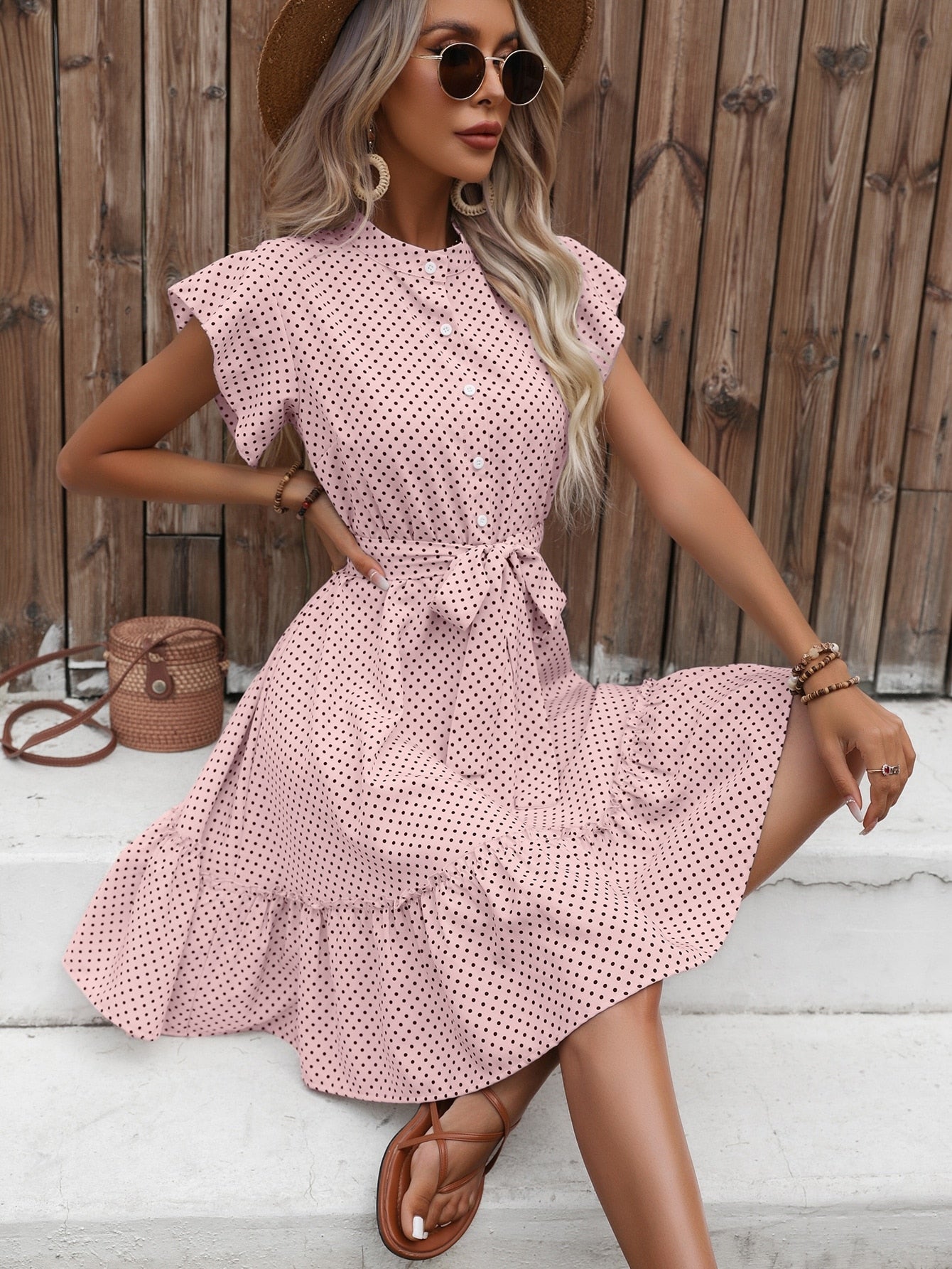 Connie Polka Dot Printed Butterfly Sleeves Dress