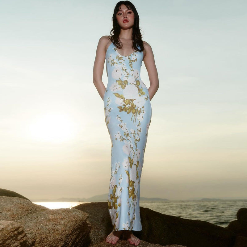 Claire Backless Floral Print Slip Maxi Dress