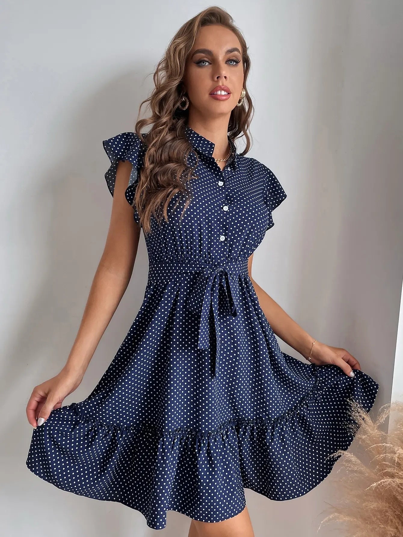 Connie Polka Dot Printed Butterfly Sleeves Dress