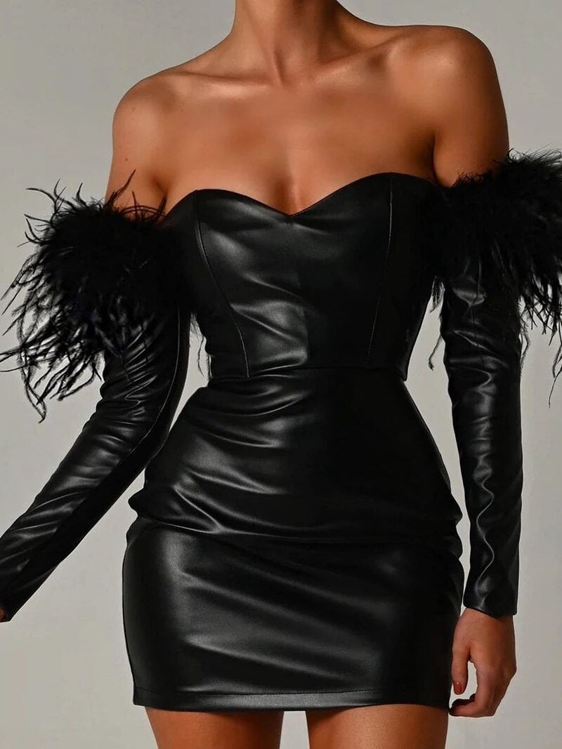 Judith Off-shoulder Feather Sleeve PU Leather Mini Dress