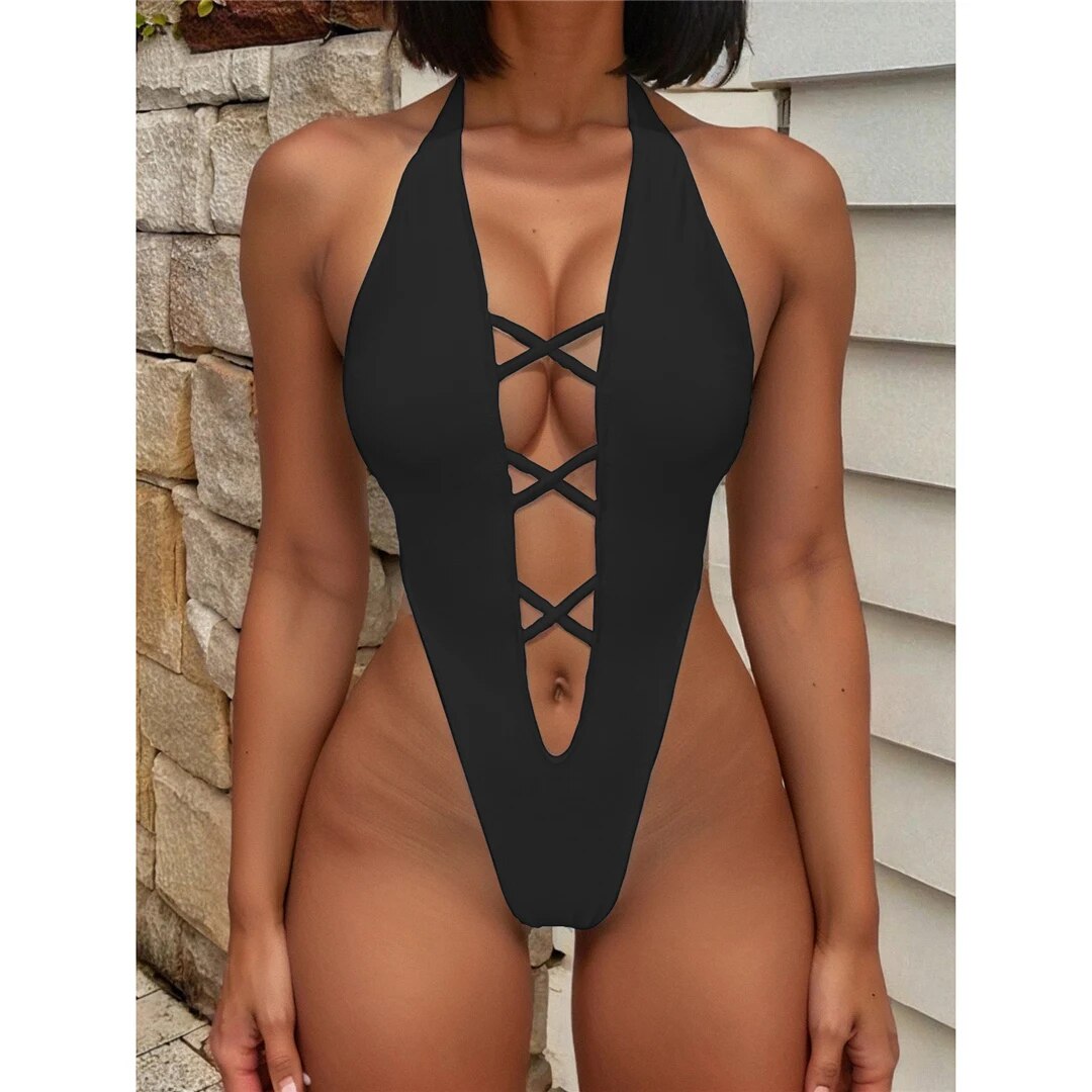 Phyllis Deep V Neck Mini Thong Cross Back Monokini