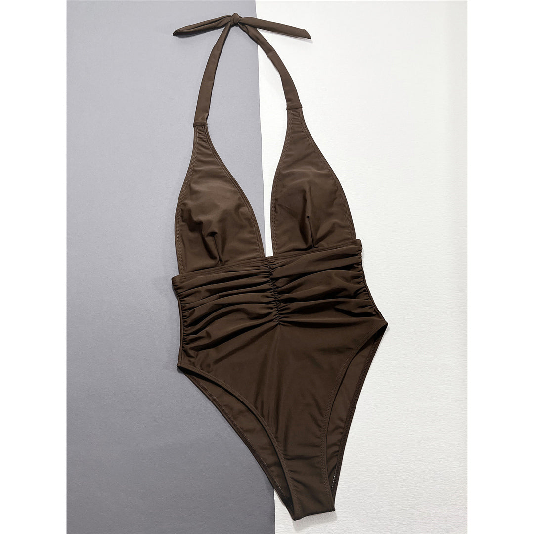 Janice Deep V Neck Halter Wrinkled Monokini