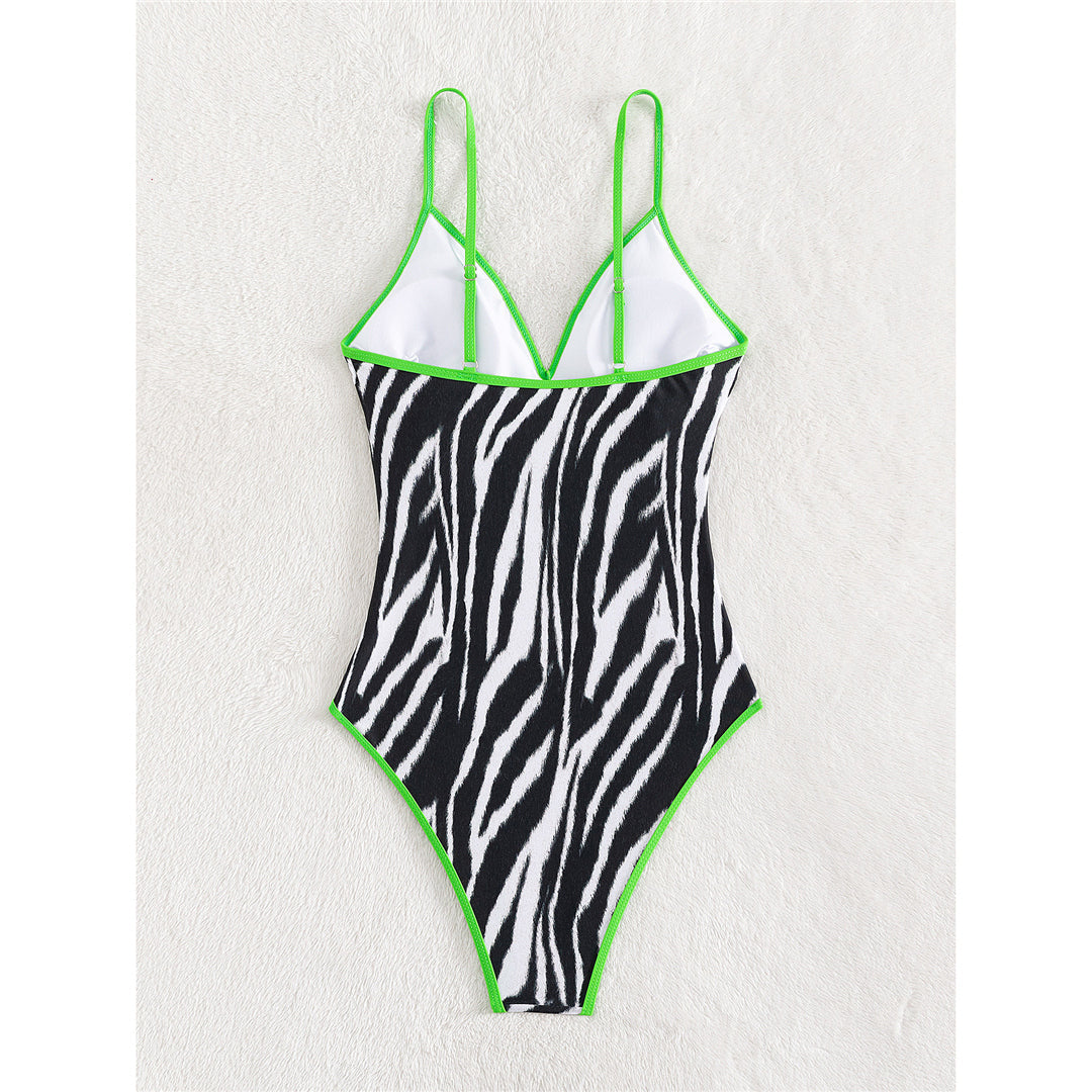 Hayley Zebra Printed V Neck High Leg Cut One Piece Swimsuit