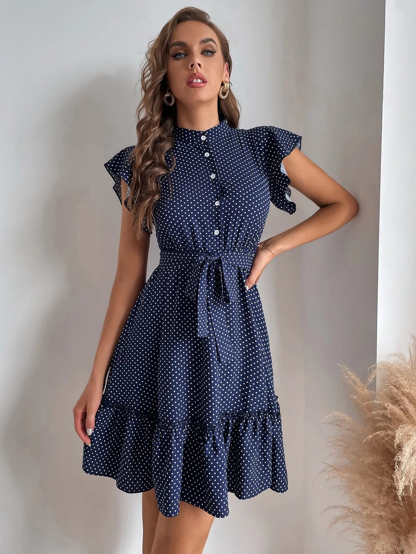 Connie Polka Dot Printed Butterfly Sleeves Dress