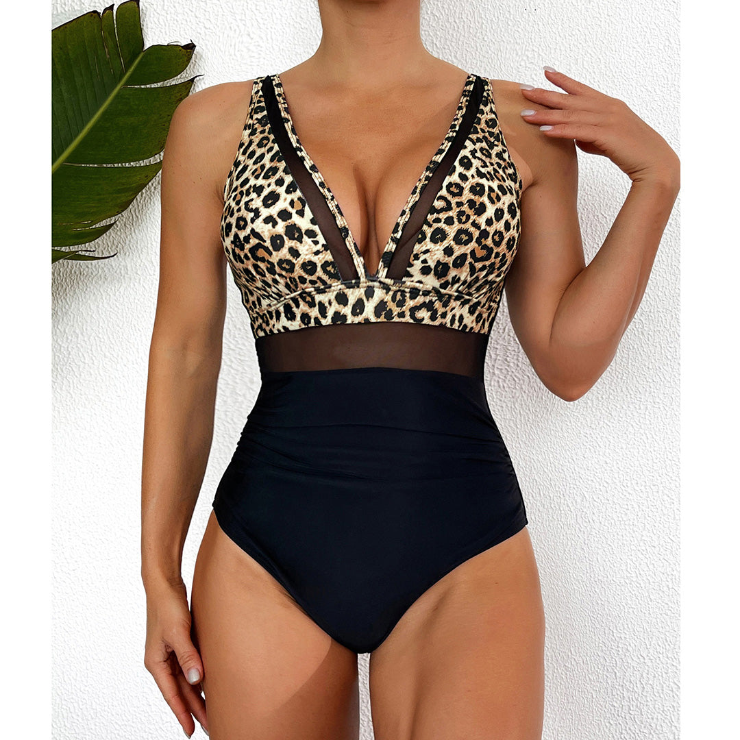 Belinda Mesh Sheer V Neck Leopard Printed Monokini