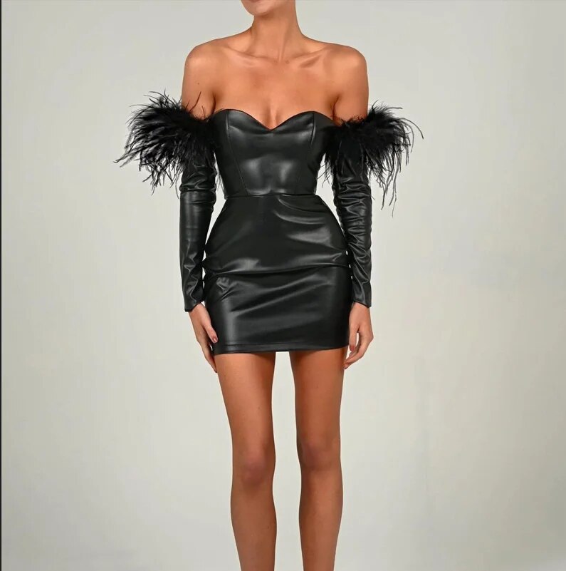 Judith Off-shoulder Feather Sleeve PU Leather Mini Dress