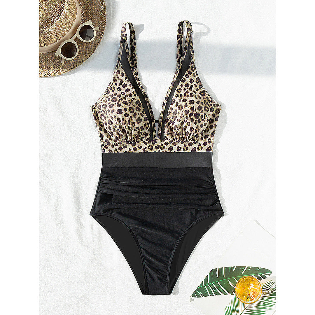 Belinda Mesh Sheer V Neck Leopard Printed Monokini