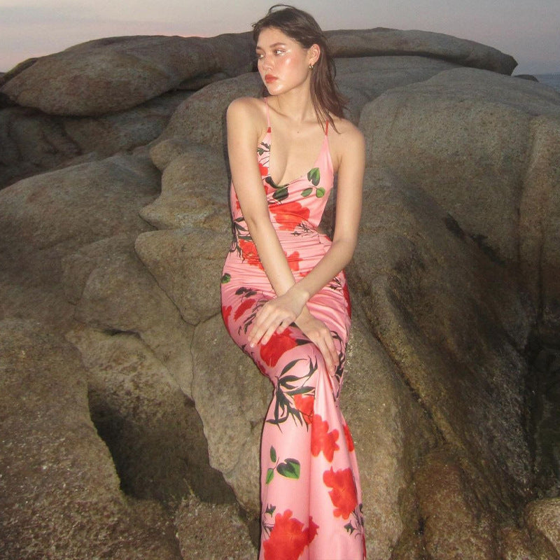 Claire Backless Floral Print Slip Maxi Dress