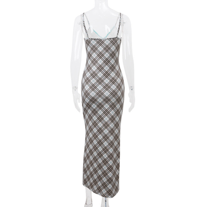 Jane Spaghetti Strap Grid Long Dress