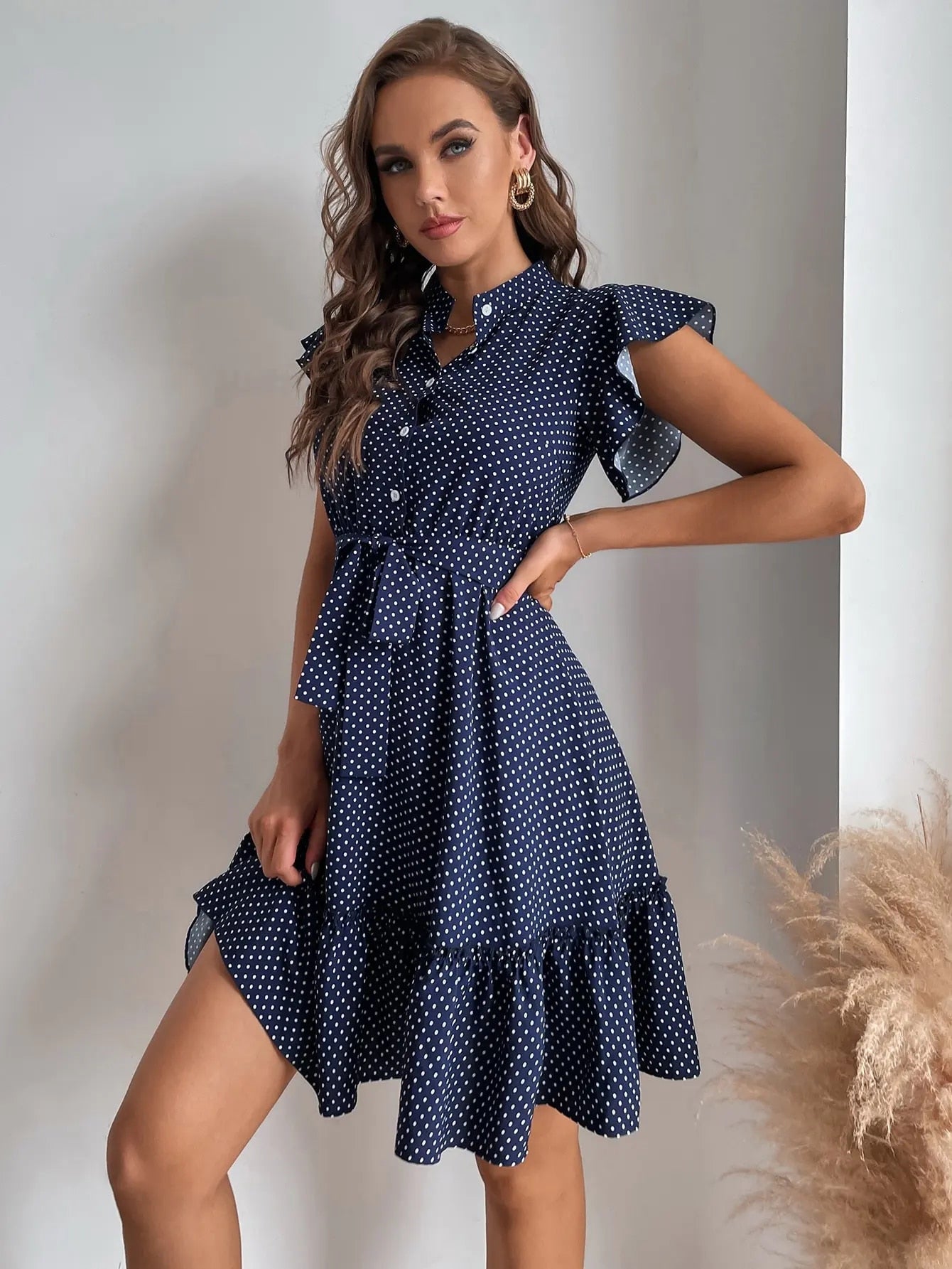 Connie Polka Dot Printed Butterfly Sleeves Dress