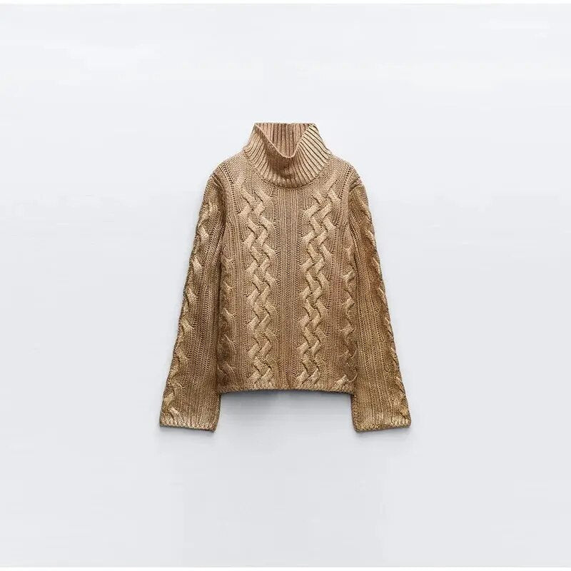 Renee Turtleneck Shiny Gold Ribbed Women Sweater