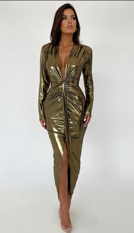 Abby Deep V Neck Long Sleeve Bodycon Maxi Dress