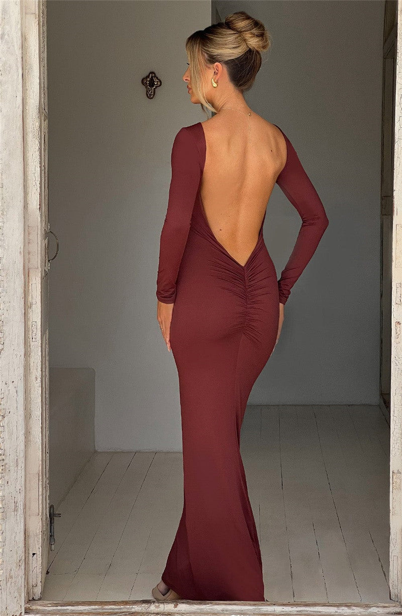 Natalie Backless Ruched Bodycon Maxi Dress