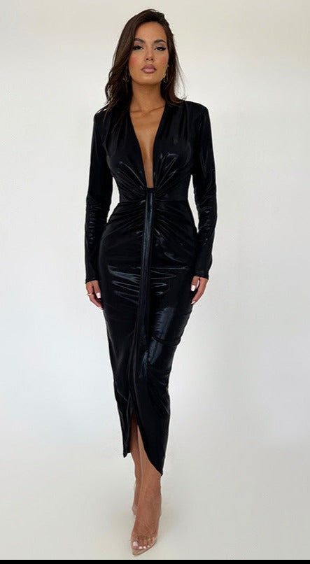 Abby Deep V Neck Long Sleeve Bodycon Maxi Dress