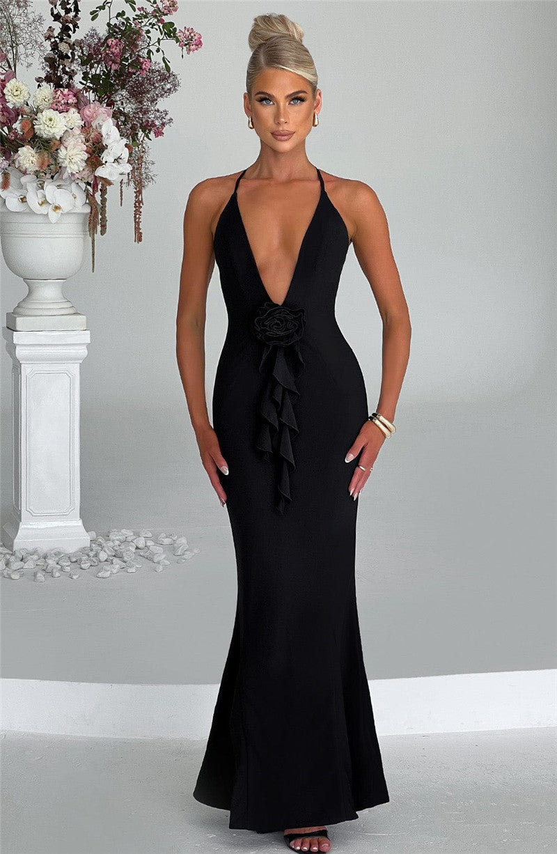 Vanessa Flower Deep V Neck Sexy Maxi Dress