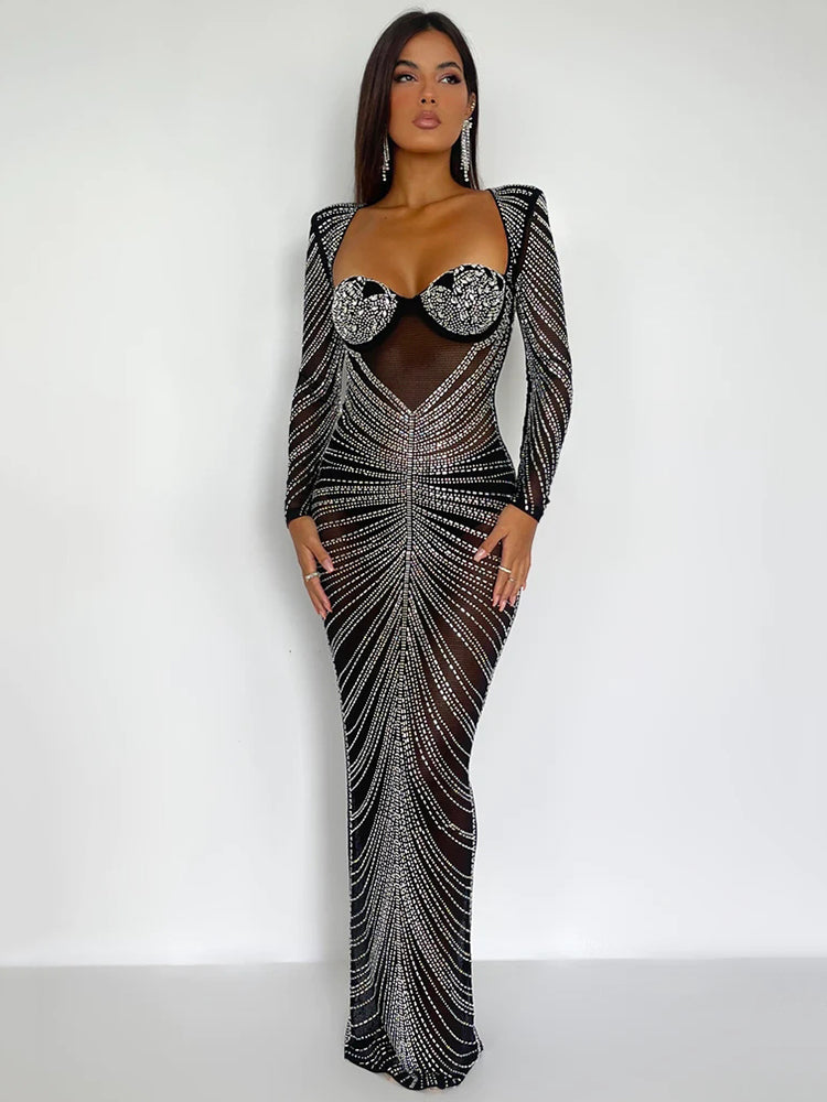 Helena Glitter Mesh See Through Party Maxi Dress