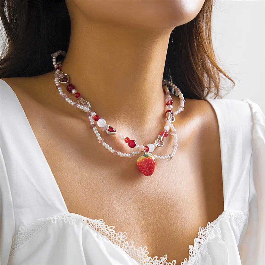 Rose Chain Strawberry Pendant Necklace