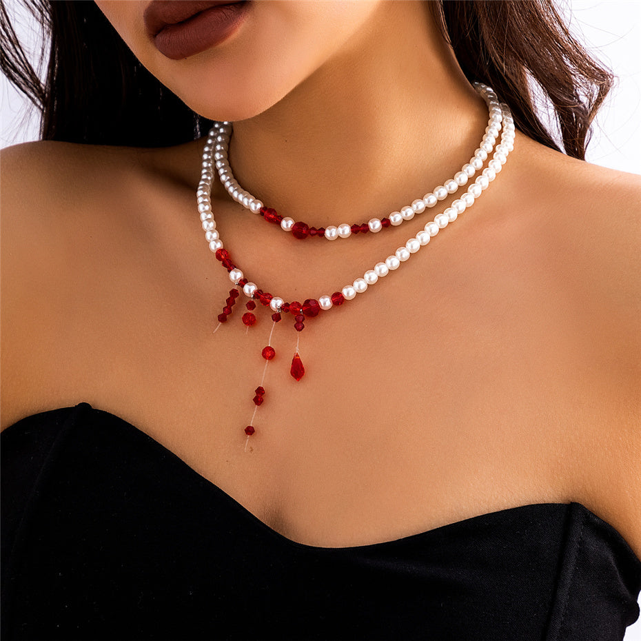 Dawn Vintage Red Blood Pearl Chain Necklace