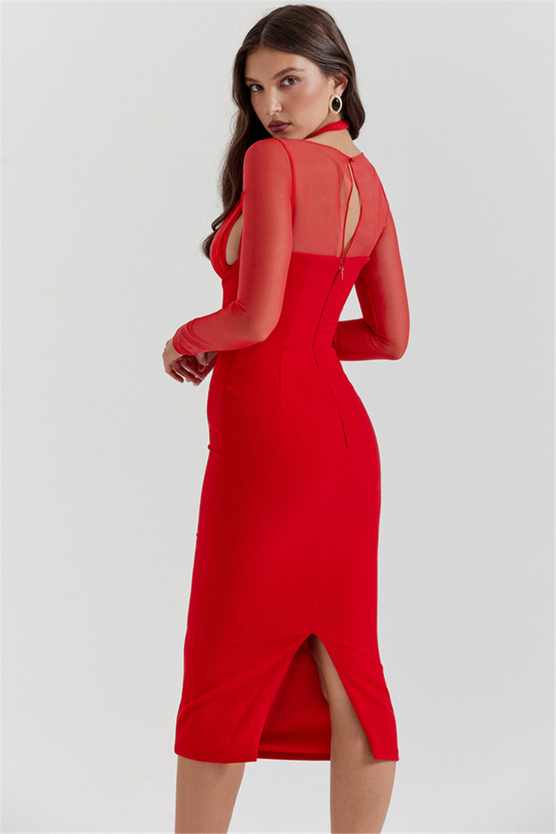 Molly Halter Deep V Neck Sexy Midi Dress