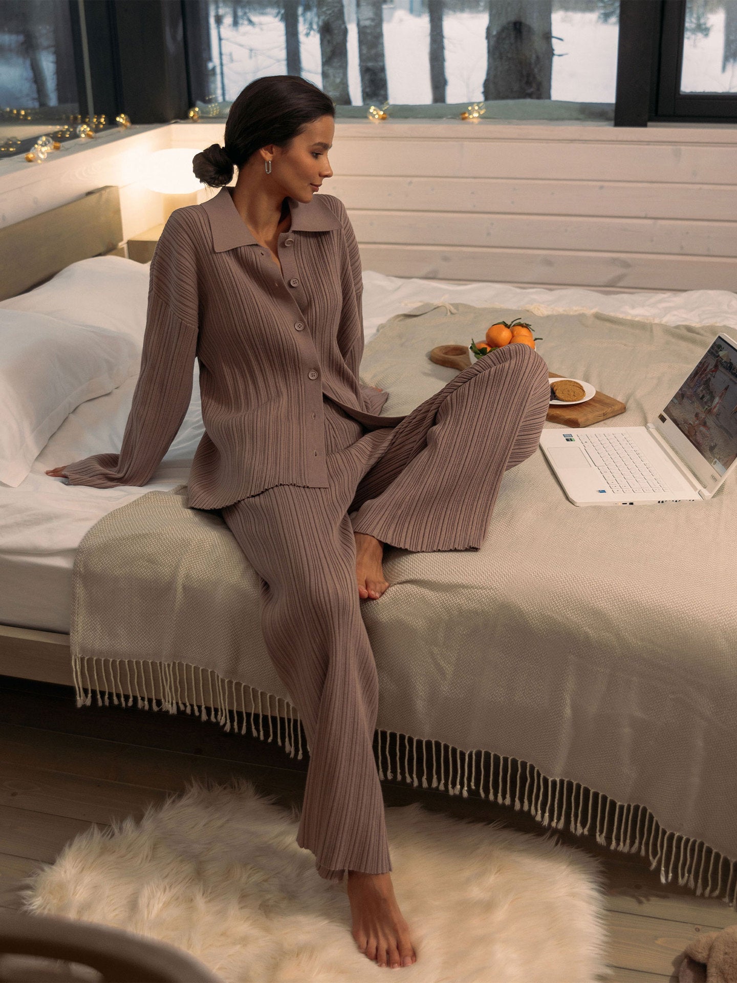 Tara 2 Piece Knitted Women Sweater and High Wide Leg Pant Suit