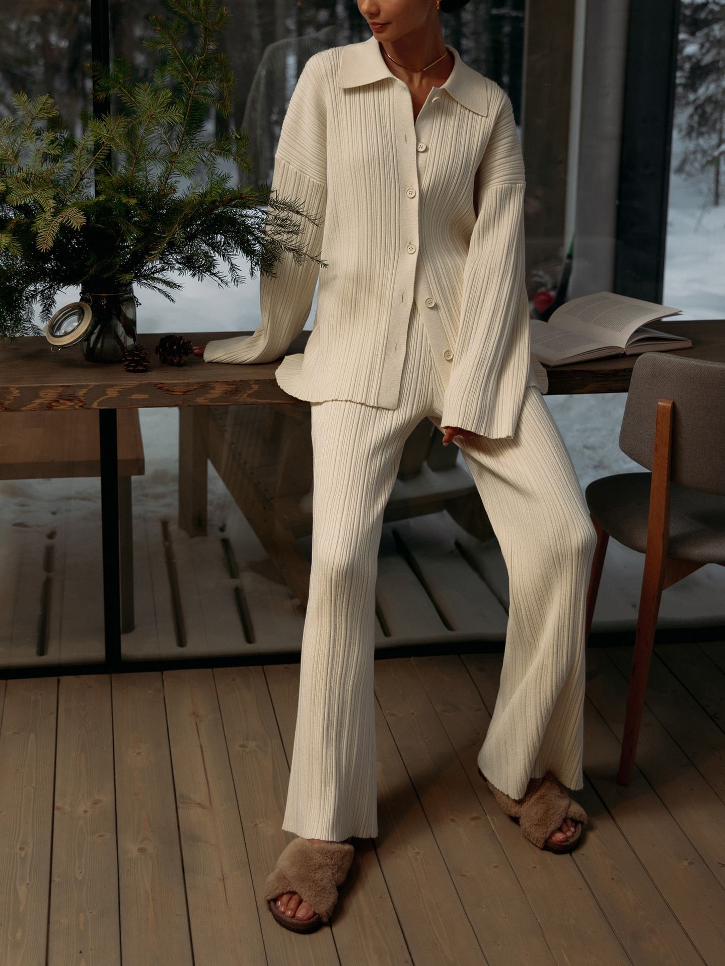 Tara 2 Piece Knitted Women Sweater and High Wide Leg Pant Suit