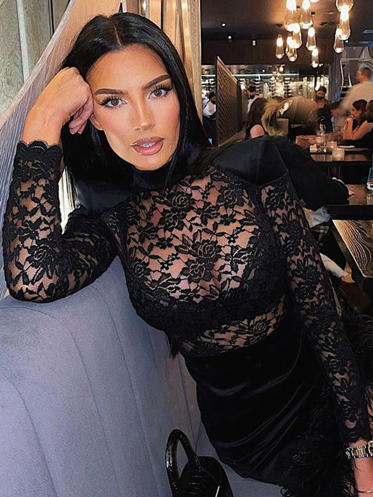 Penelope Lace Print See Through Sexy Mini Dress