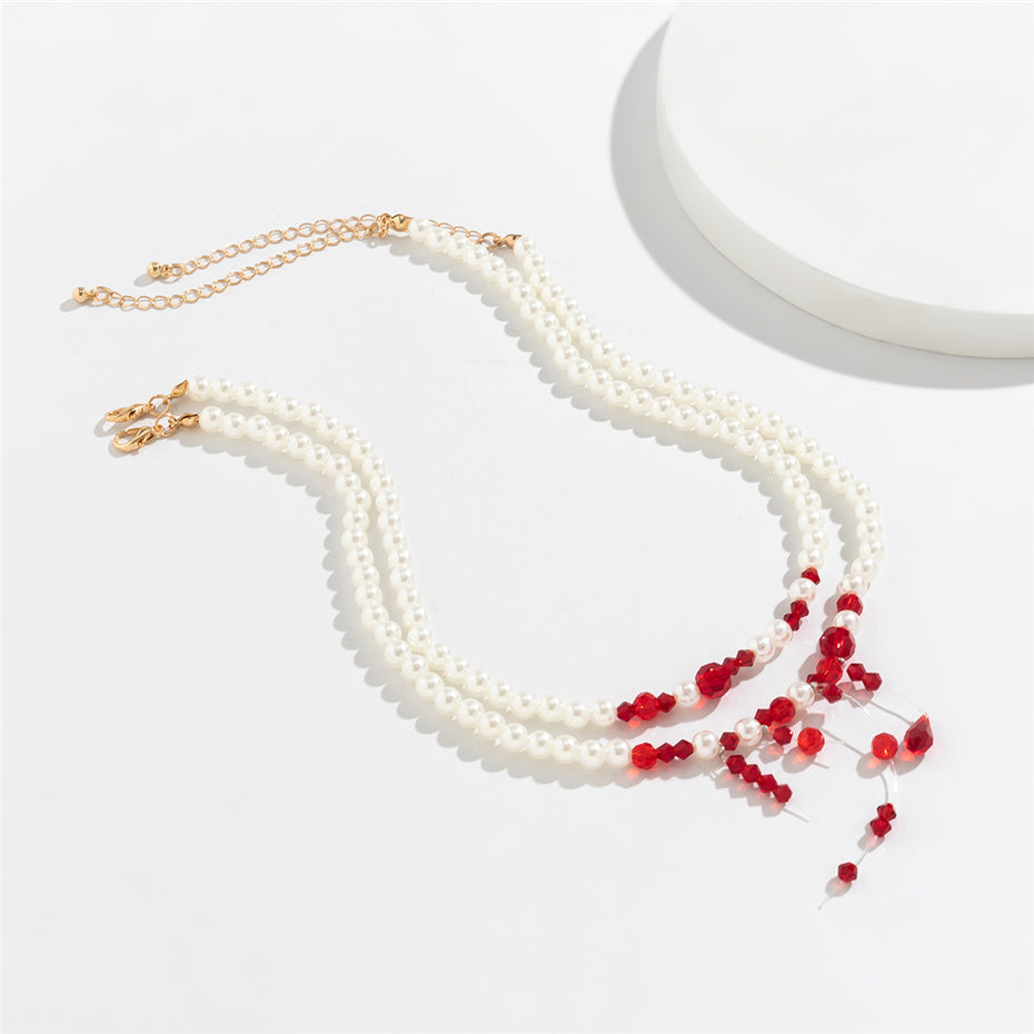 Dawn Vintage Red Blood Pearl Chain Necklace