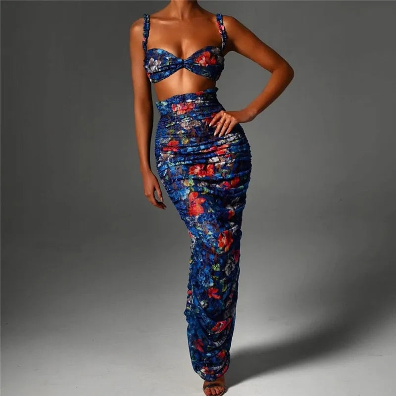 Andrea Strapless Ruched Print Sexy Top And Skirt Set