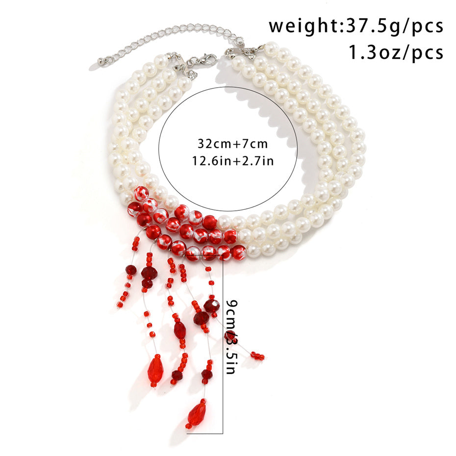 Beatrice Red Blood Pattern Pearl Tassel Pendant Necklace