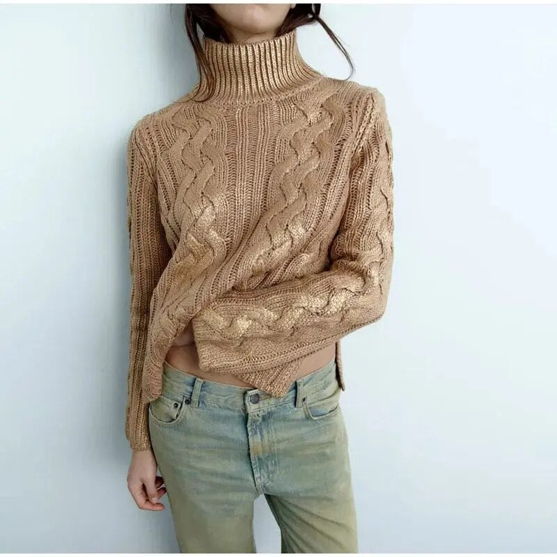 Renee Turtleneck Shiny Gold Ribbed Women Sweater