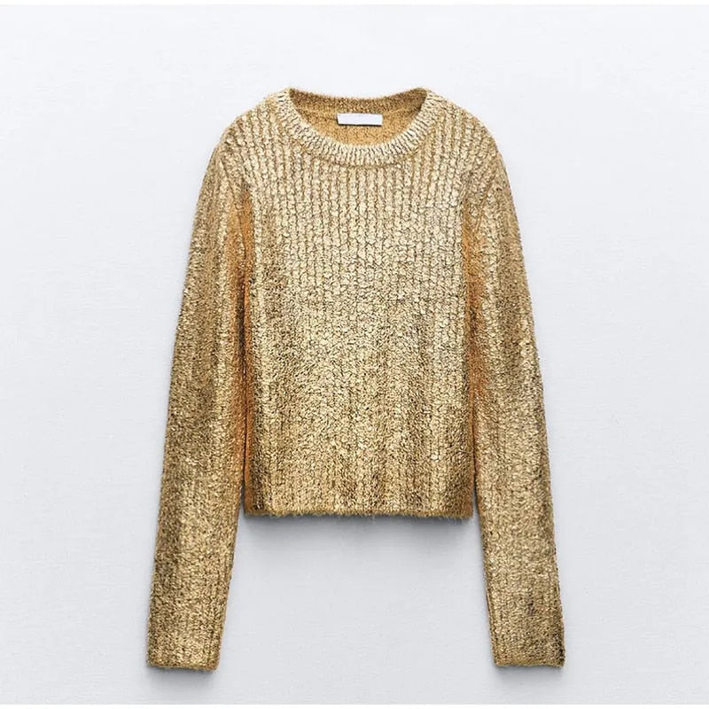 Cathy Fashion Gold O Neck Women Sweater