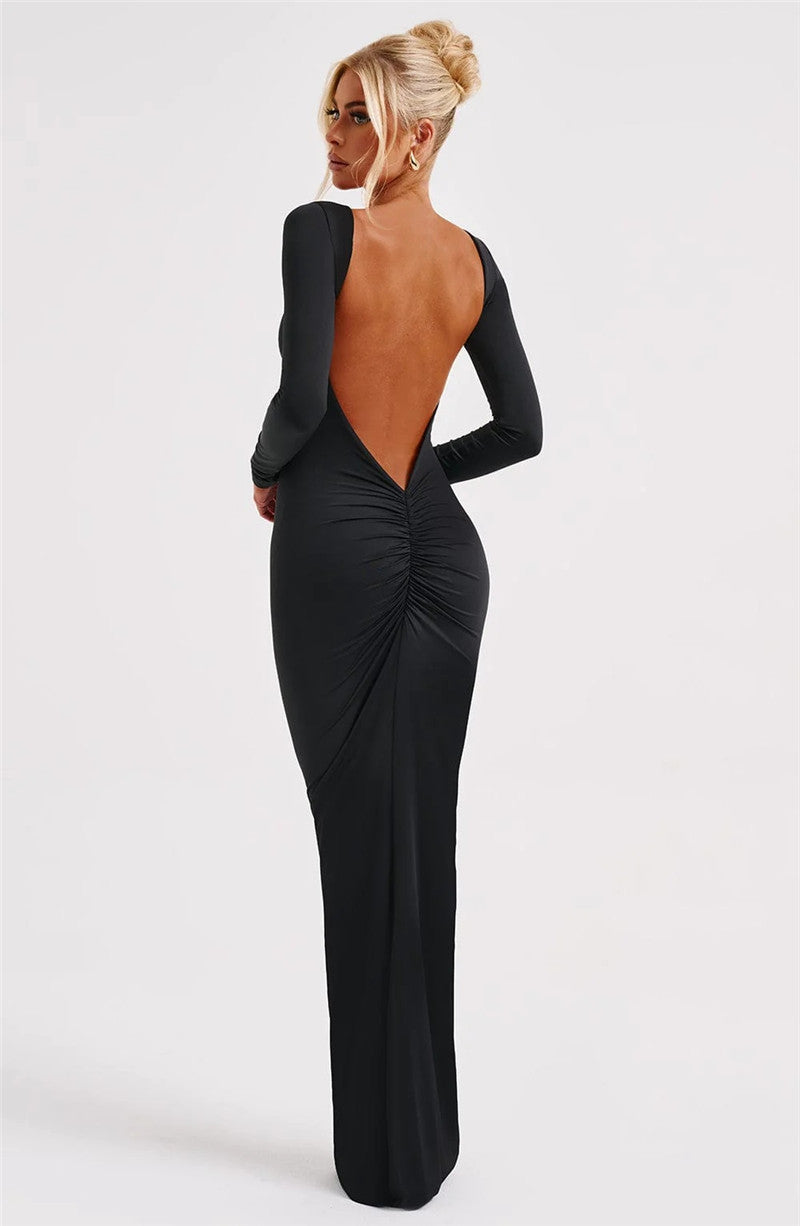 Natalie Backless Ruched Bodycon Maxi Dress