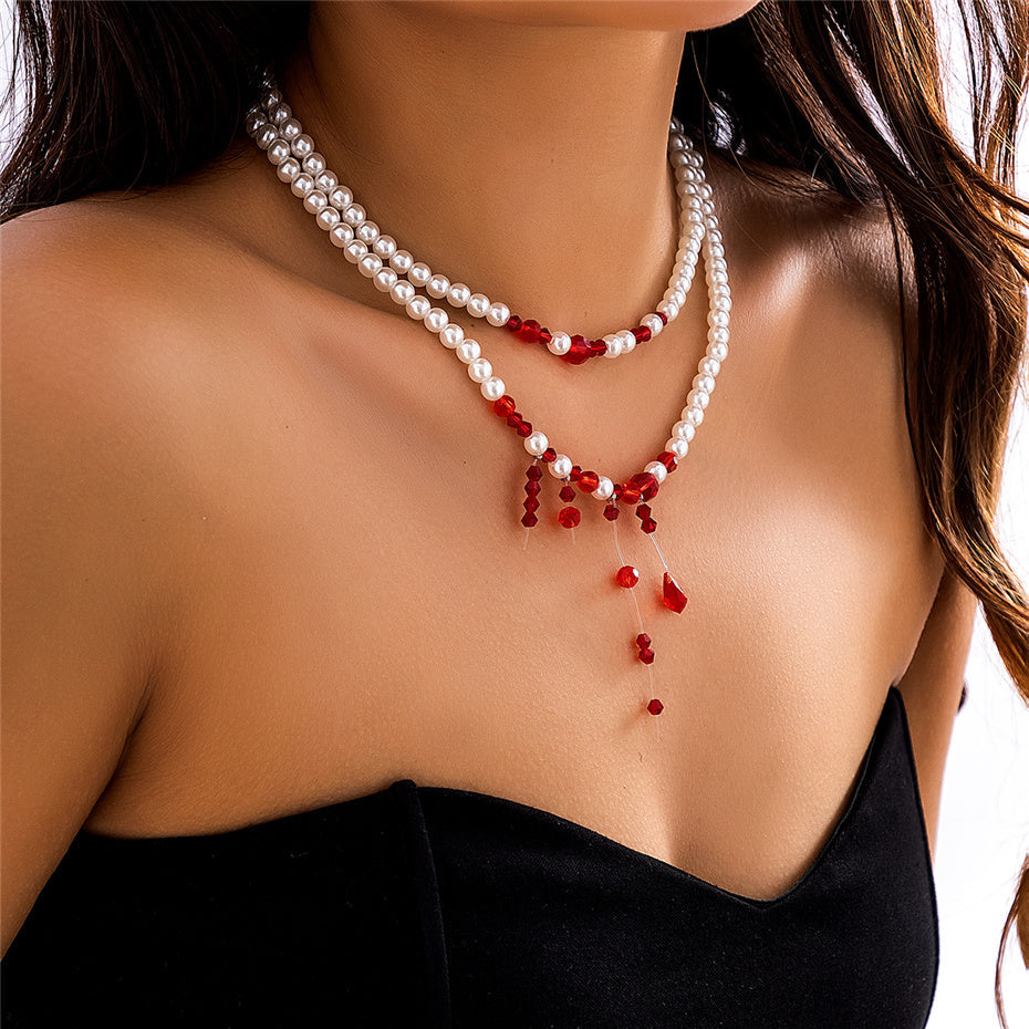 Dawn Vintage Red Blood Pearl Chain Necklace