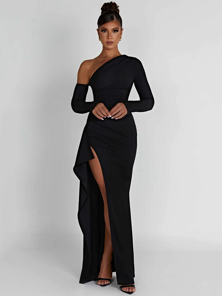 Jenna Oblique Shoulder Thigh High Split Maxi Dress