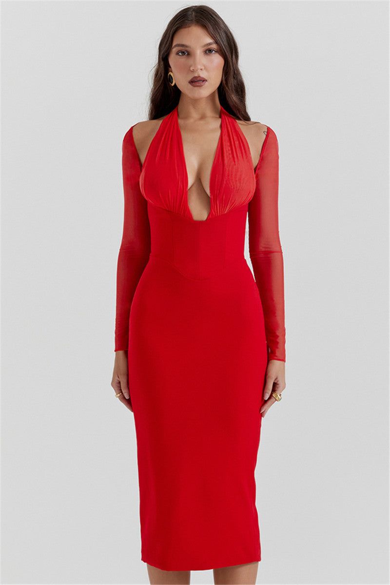 Molly Halter Deep V Neck Sexy Midi Dress