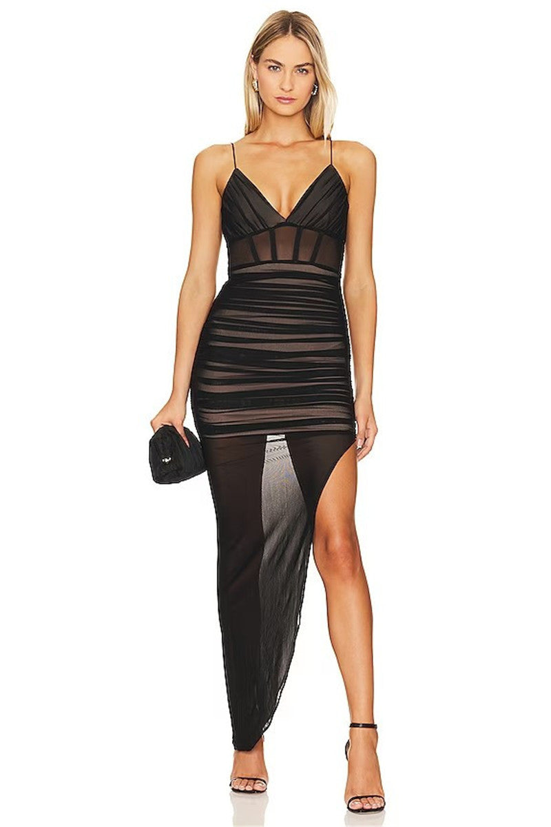 Sue Spaghetti Strap Backless Mesh Maxi Dress