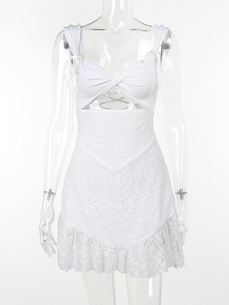 Monica White Embroidered Lace Ruffled Mini Dress