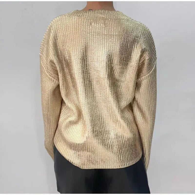 Rose V Neck Shiny Metallic Color Knit Women Sweater