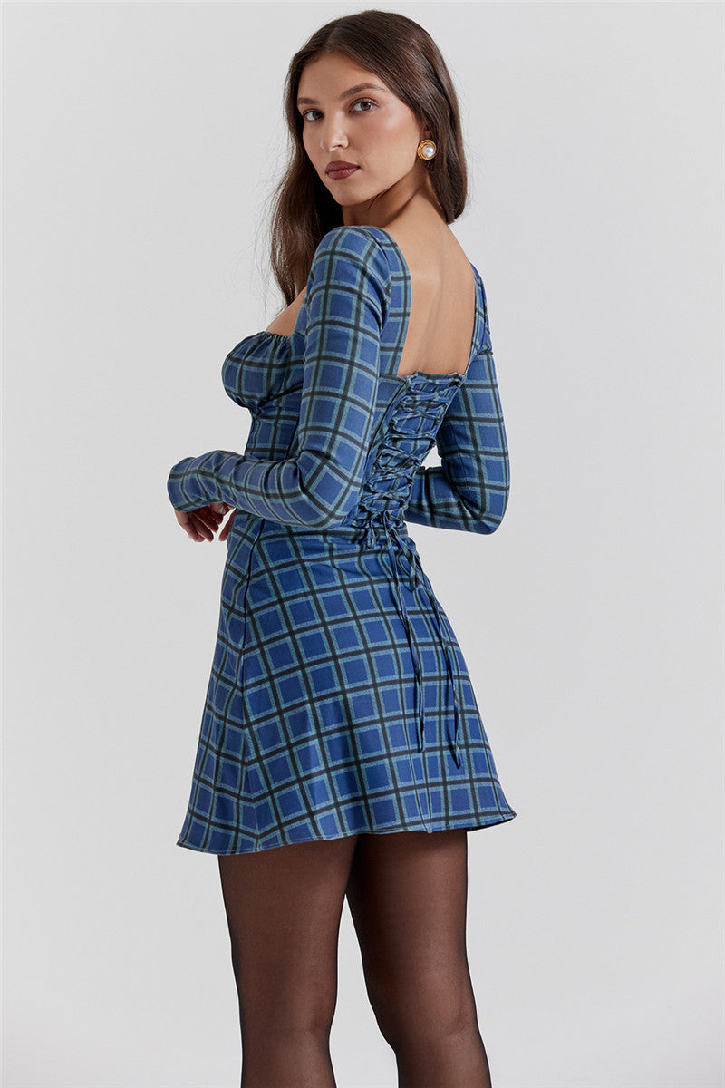 Brandi Backless Square Collar Long Sleeve Lace-up Mini Dress