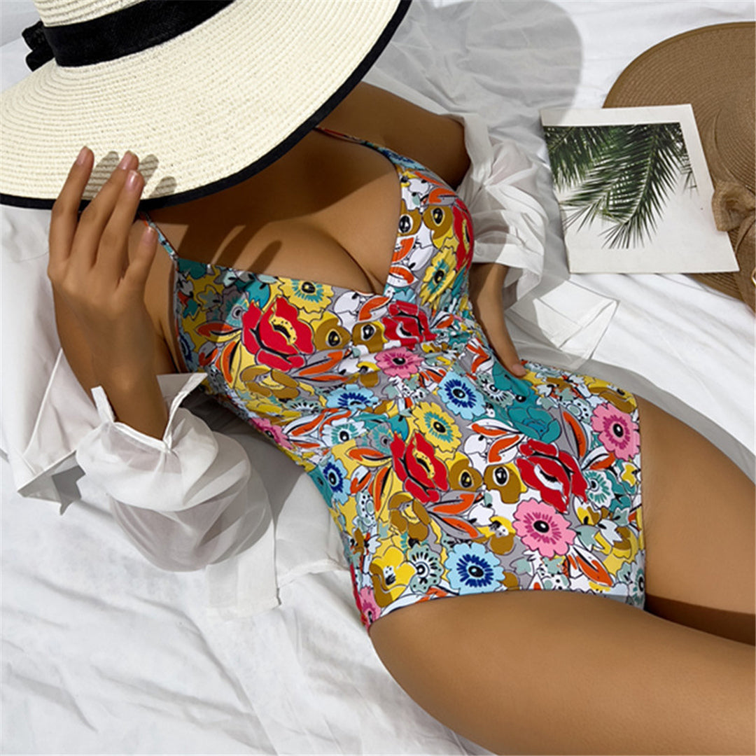 Fiona Sexy Floral Printed V Neck One Piece Swimsuit