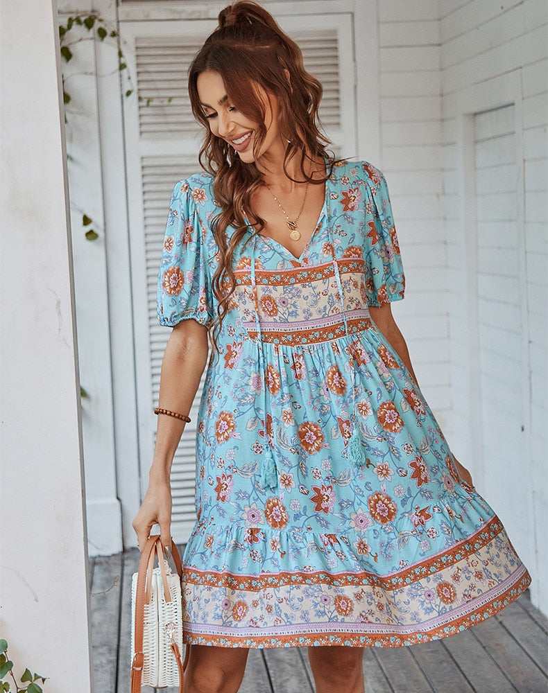 Bonnie Floral Puff Sleeve Summer Midi Dress