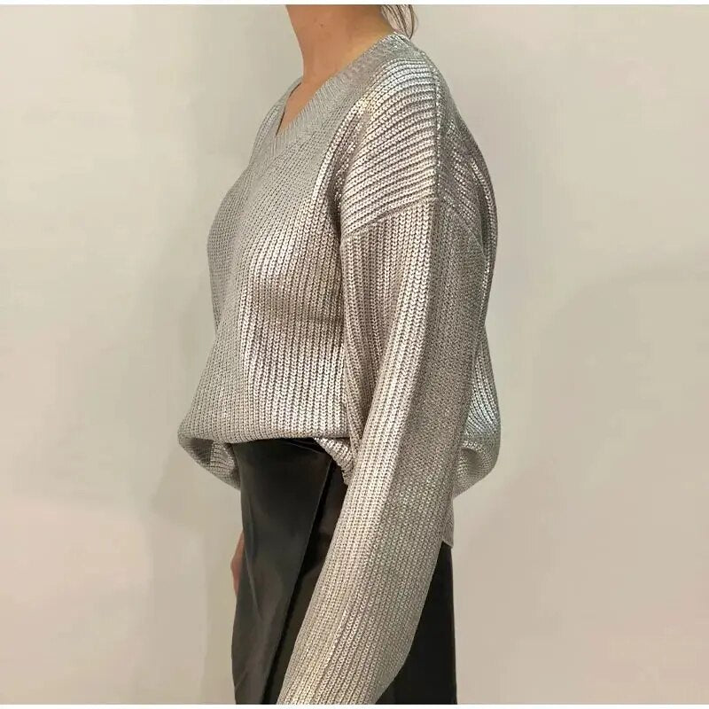 Rose V Neck Shiny Metallic Color Knit Women Sweater