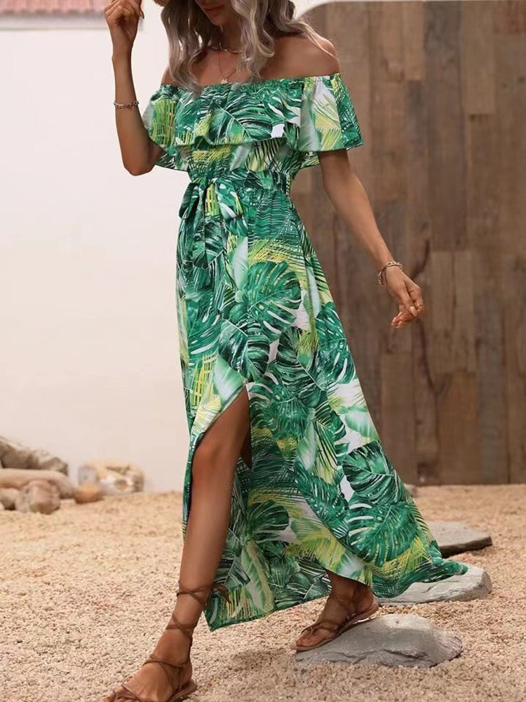 Angela Backless Off Shoulder Slit Boho Maxi Dress