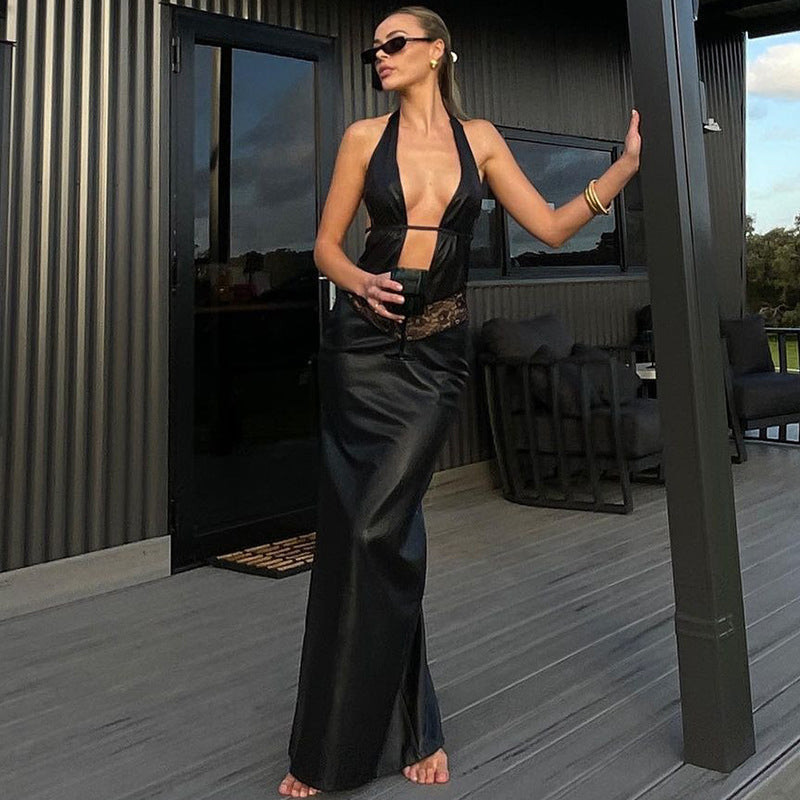 Сlara Hollow Out Backless PU Leather Maxi Dress