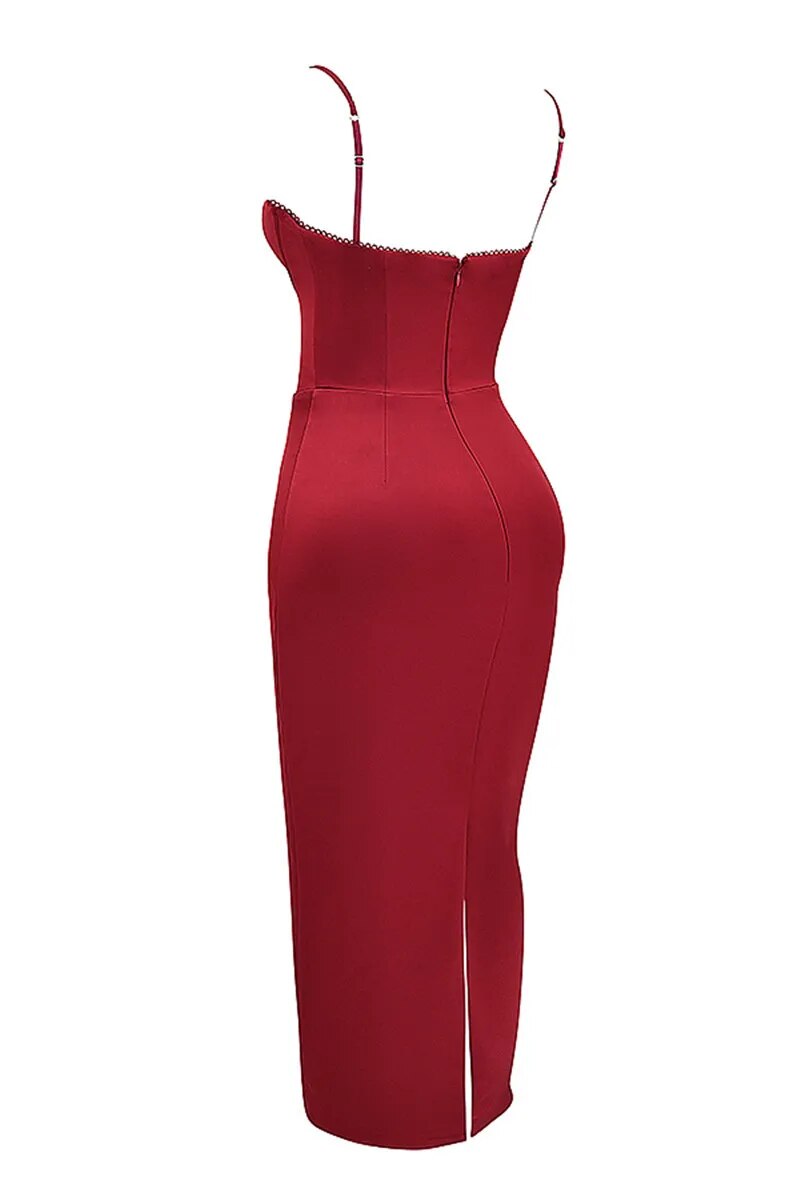 Rose Satin Spaghetti Strap Backless Bodycon Maxi Dress