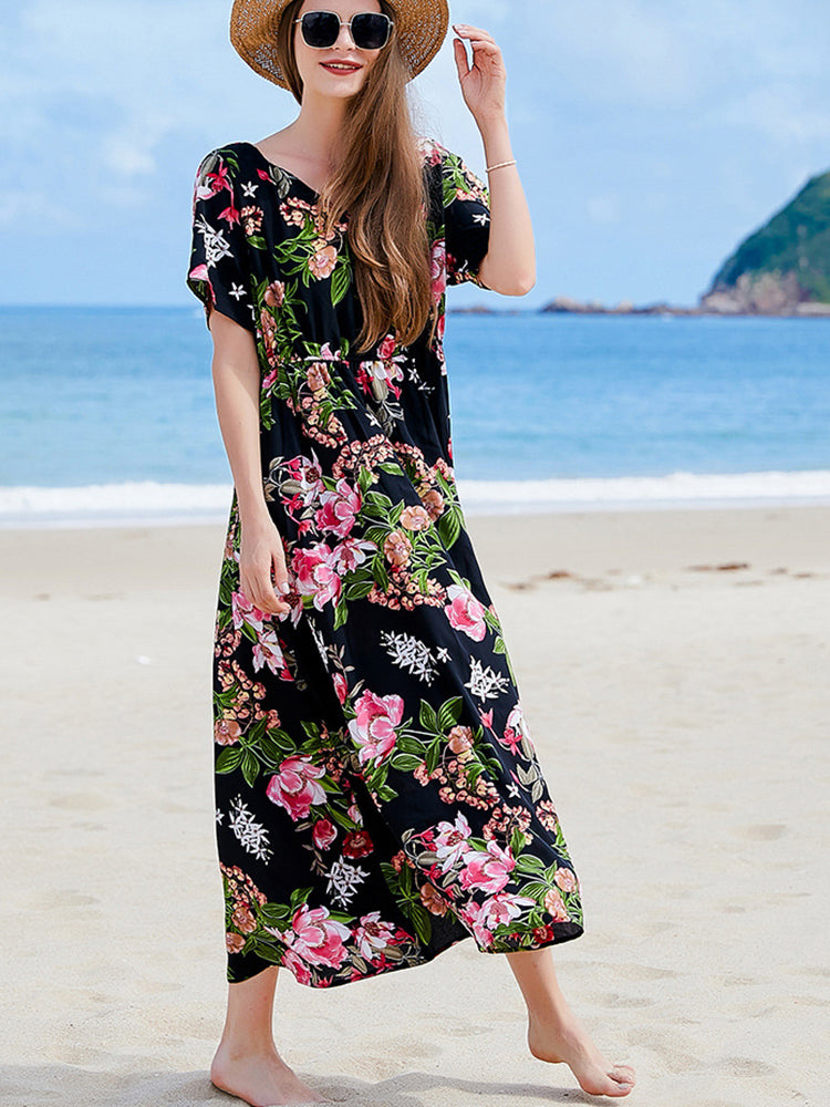 Lillian Floral Casual Slit Big Hem V Neck Maxi Dress