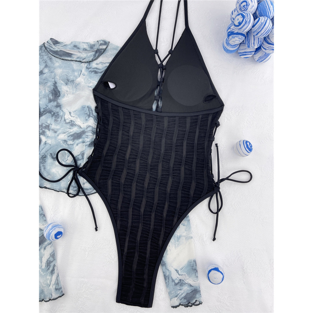 Miranda Wrinkled Lace Up Strappy Halter One Piece Swimsuit