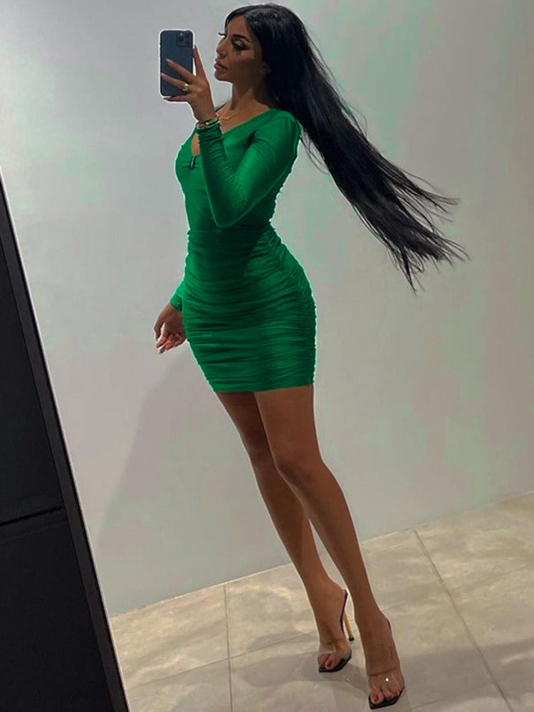 Lauren Green V Neck Long Sleeve Sexy Mini Dress